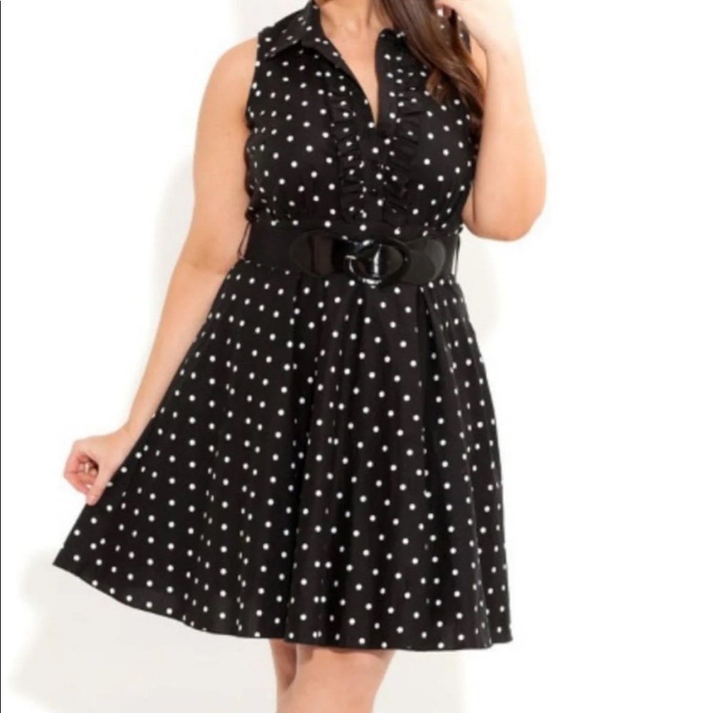 City Chic Macy’s Black and White Belted Polka-dot Sleeveless Dress